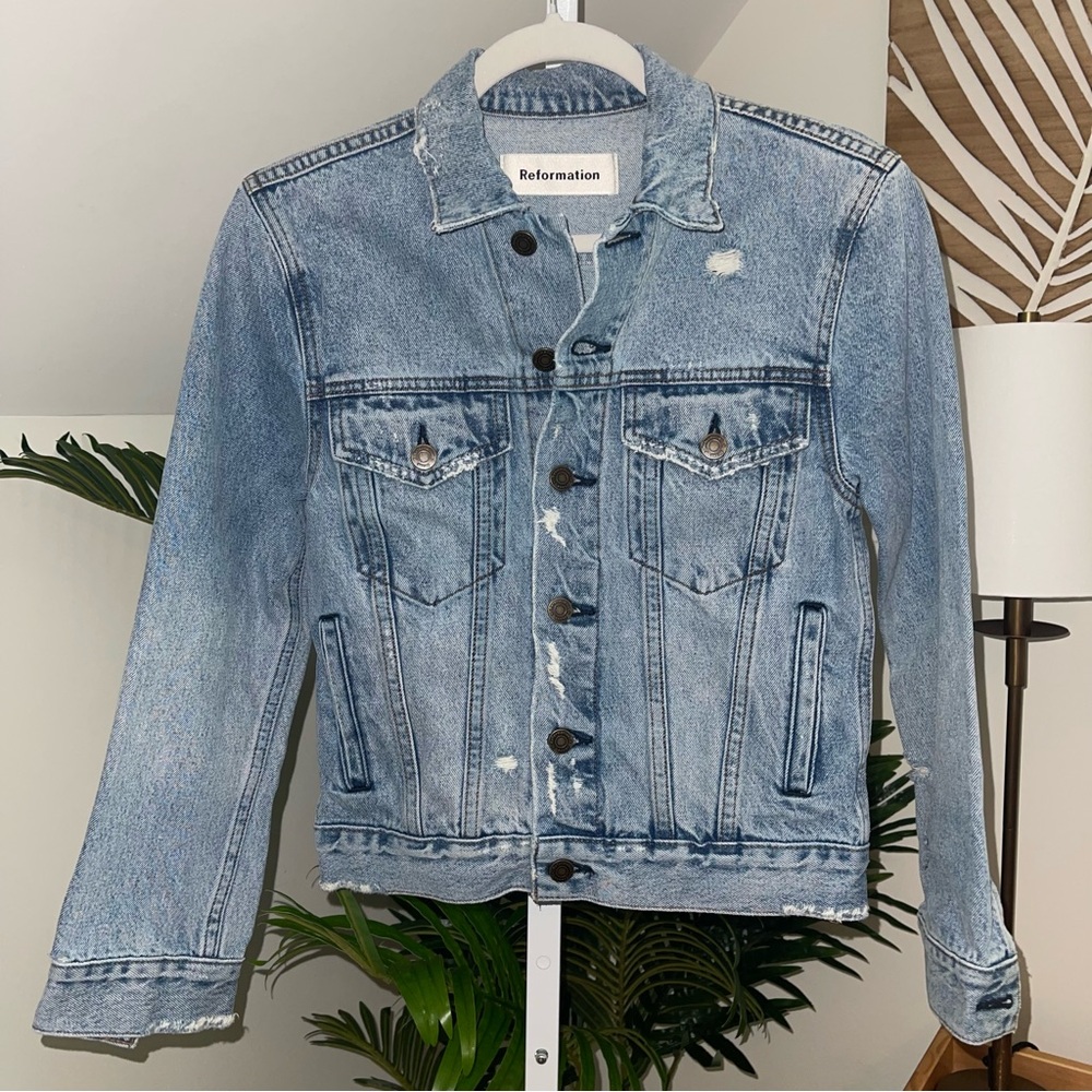 Reformation Denim Jacket 100% Cotton Distressed Size XSmall